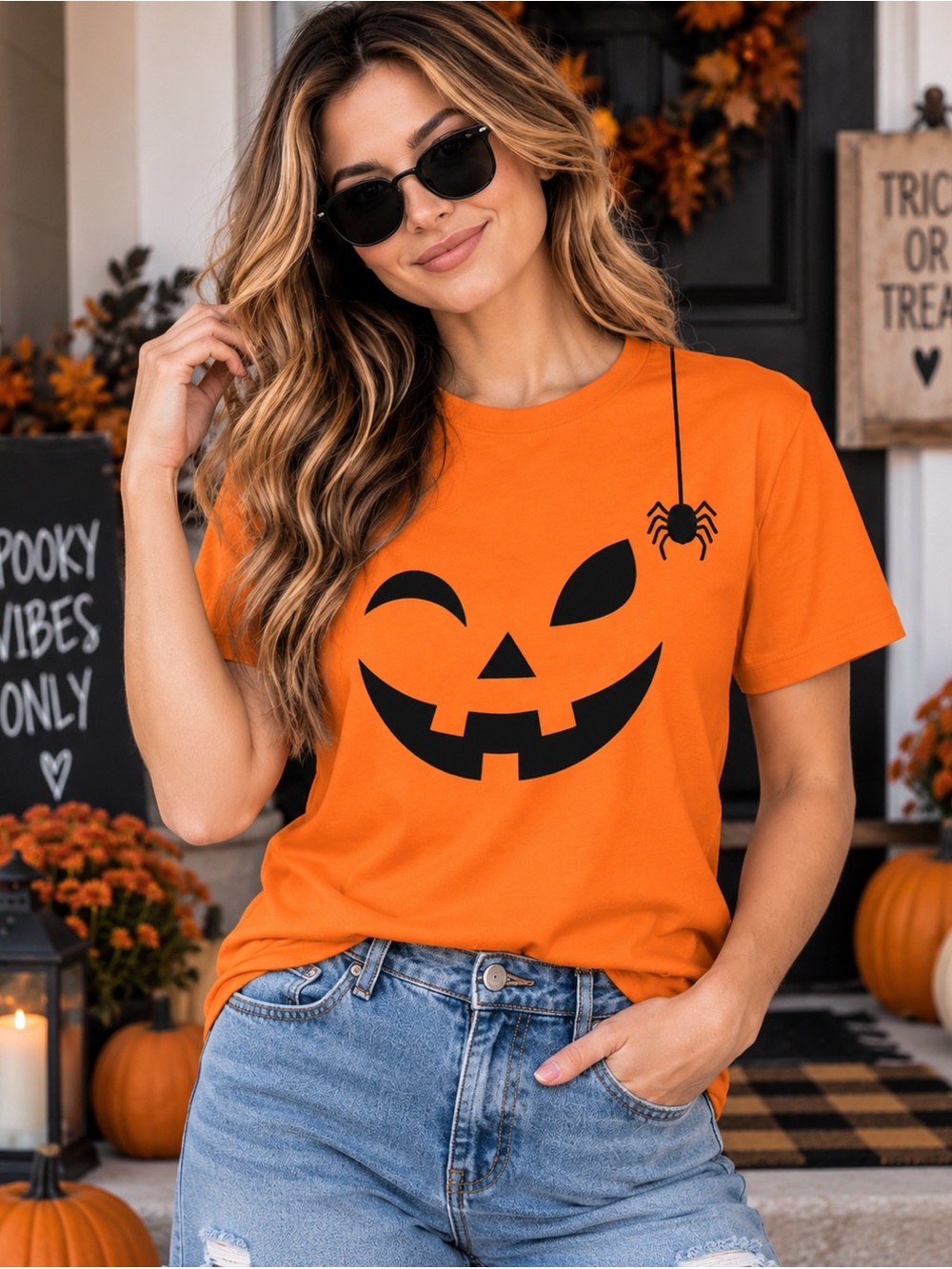 Halloween Pumpkin Face Graphic Tee - Orange or black